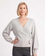 Wrap Sweater for Women — Cropped V Neck Knit Top with Side Tie Waist in Soft Wool Blend