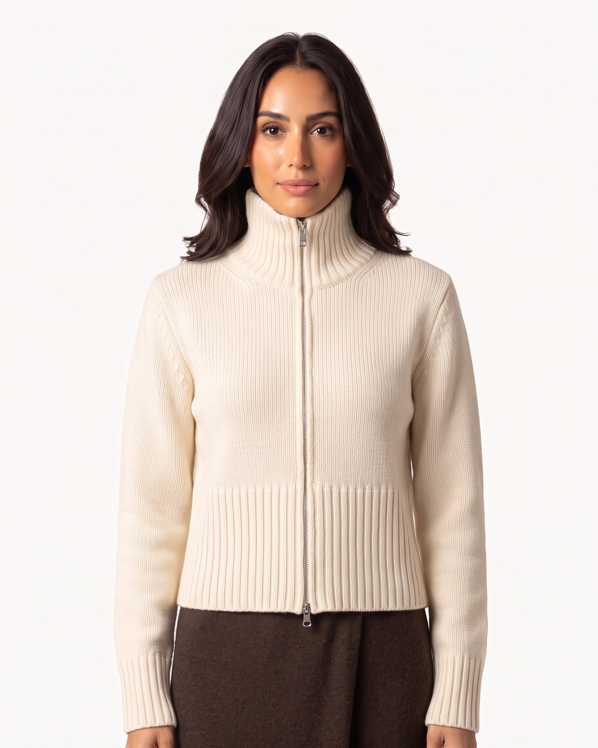 Cropped funnel-neck zip cardigan, cream knit with front two-way zipper and ribbed hem