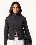 Cropped funnel-neck zip cardigan, dark gray knit with front two-way zipper