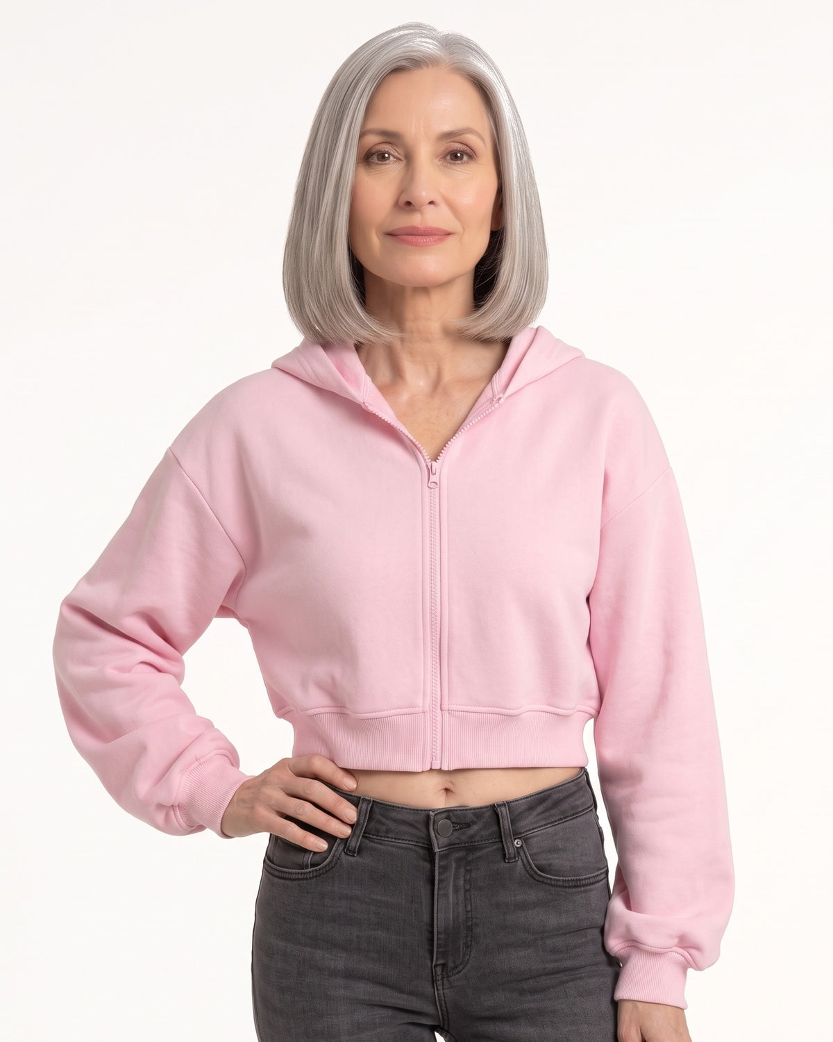 Pink cropped zip-up hoodie with hood and front zipper, kangaroo pocket