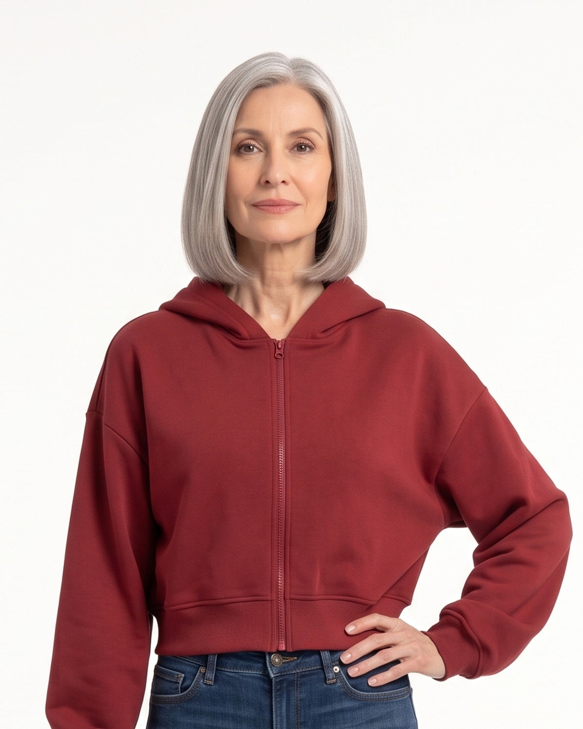 Burgundy cropped zip-up hoodie with hood and front zipper, kangaroo pocket