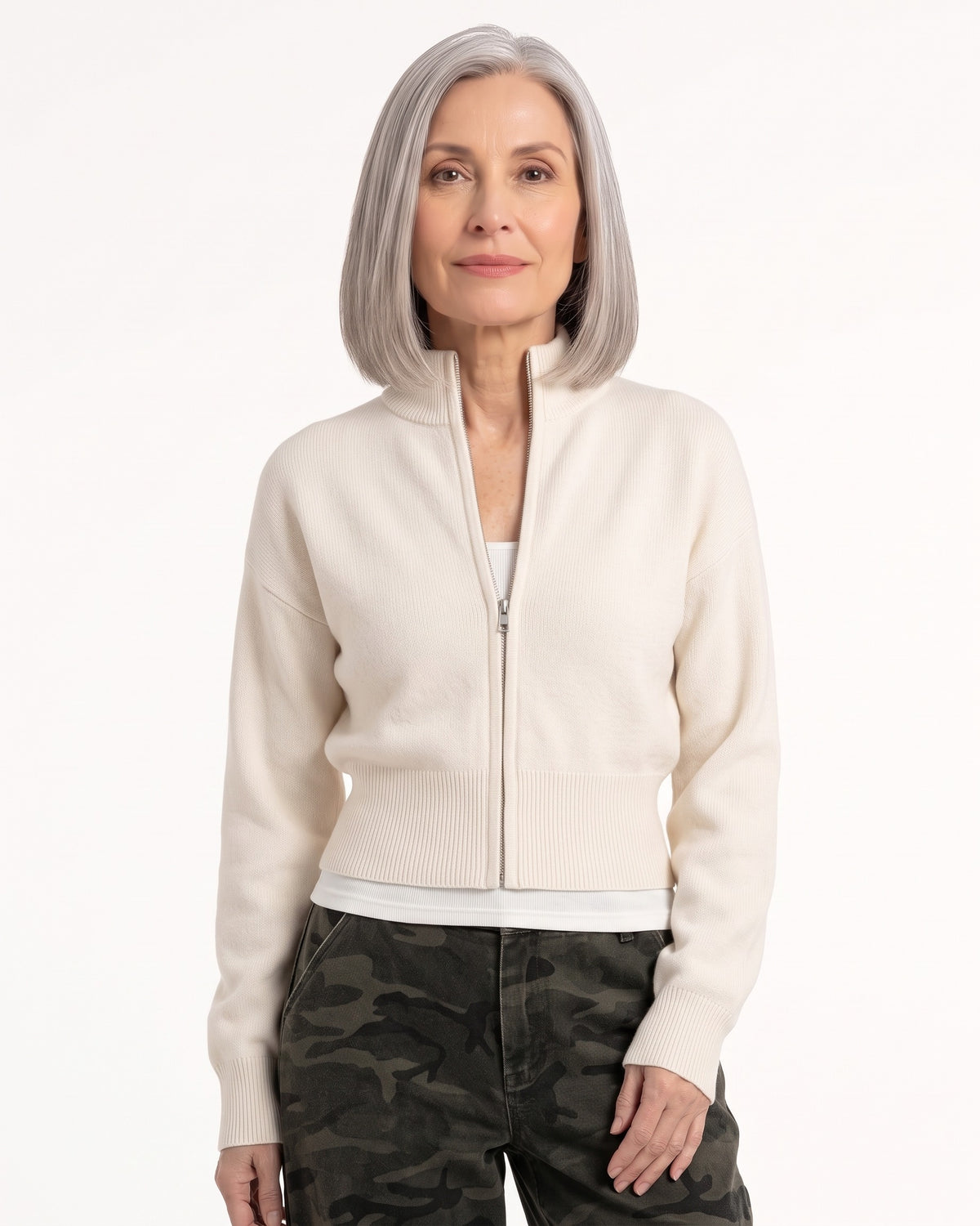 Cropped mock-neck knit cardigan, cream with double front zipper