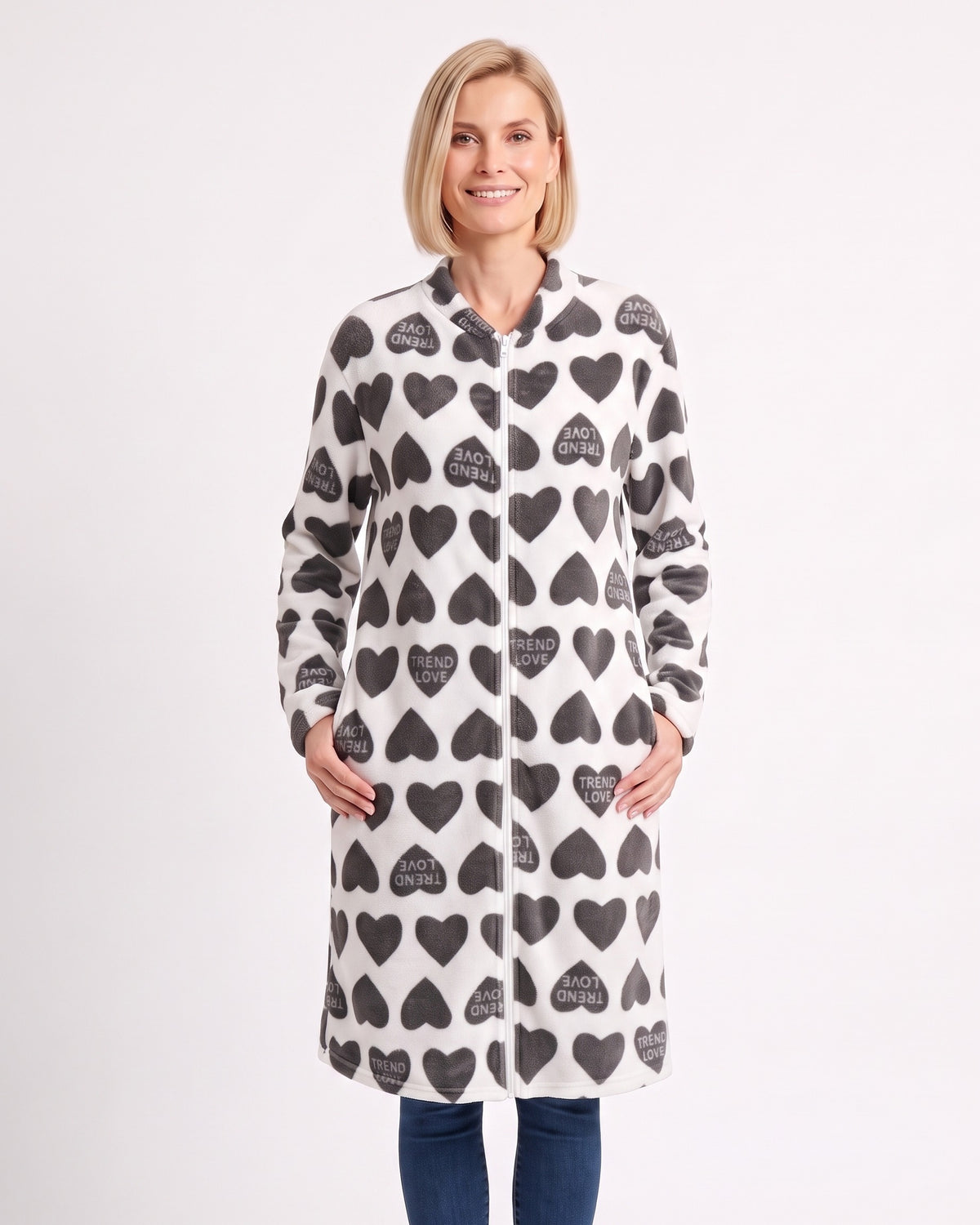 Women’s zip-up fleece housecoat robe, knee length, gray heart print, front zipper