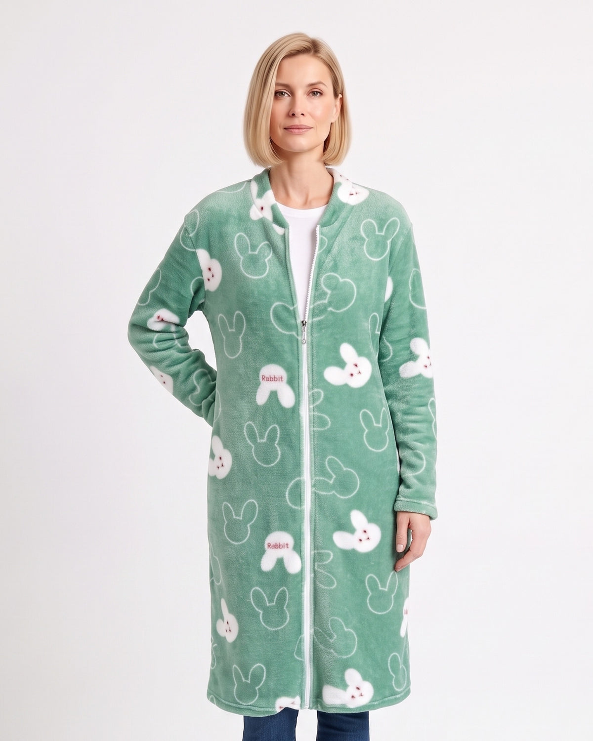 Women’s zip-up fleece housecoat robe, knee length, green bunny and heart print, zipper