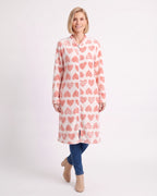 Women’s zip-up fleece housecoat robe, knee length, pink heart print, front zipper