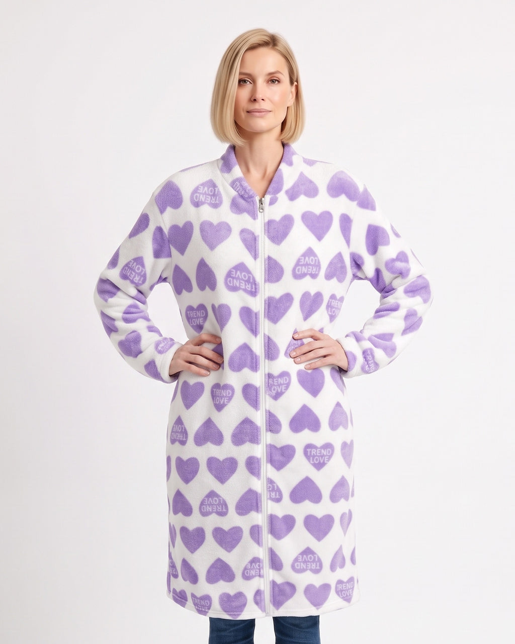 Women's zip-up fleece robe, purple heart print, long sleeves, pockets, knee length