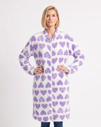 Women's zip-up fleece robe, purple heart print, long sleeves, pockets, knee length