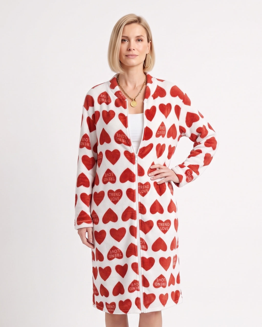 Women’s zip-up fleece housecoat robe, knee length, red heart print on white, front zipper