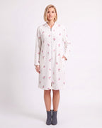 Women’s knee-length zip-up fleece robe with pink heart print, long sleeves