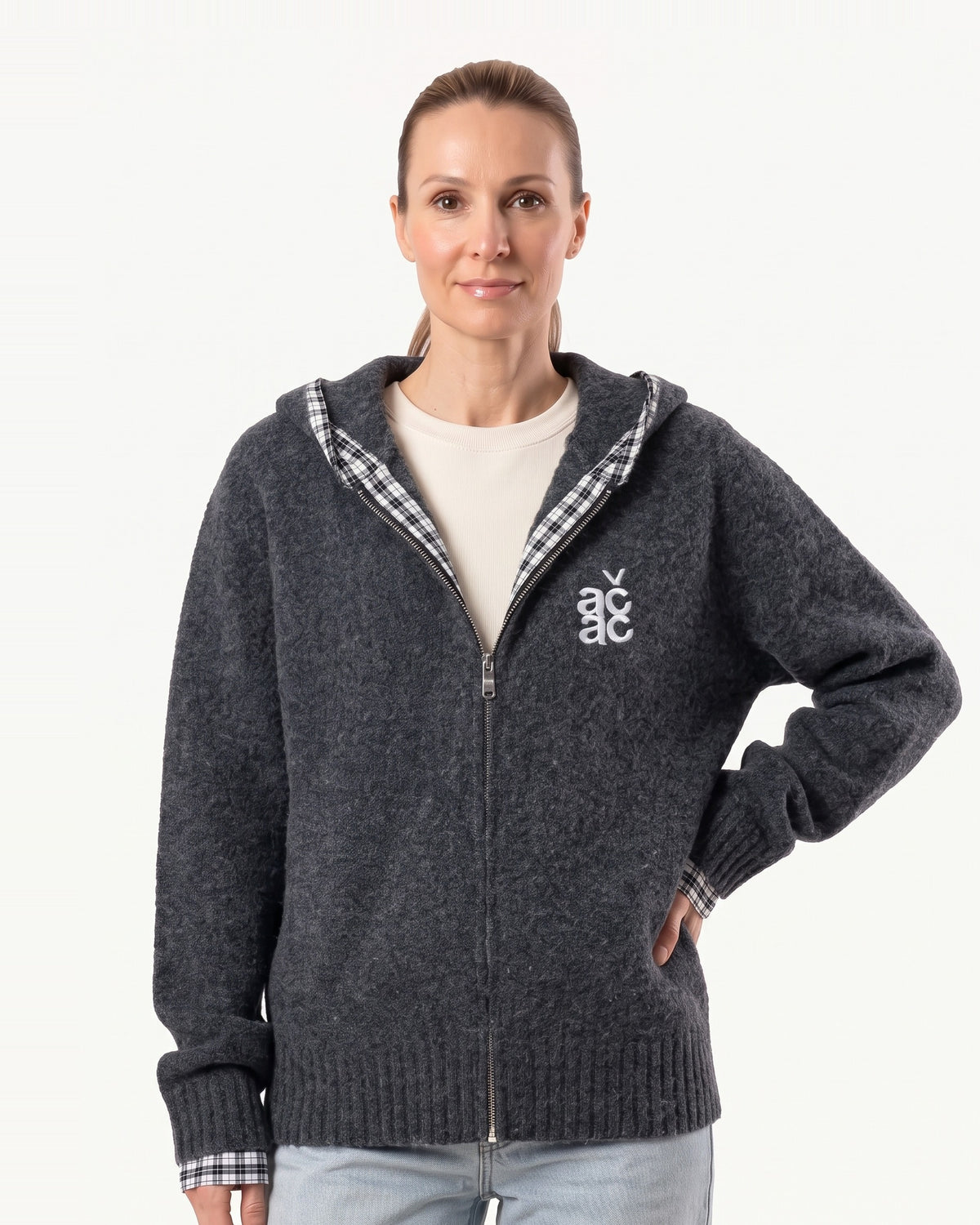 Gray zip-front hooded cardigan sweater with plaid trim and ribbed wrist cuffs