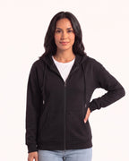 Women’s black zip-up hoodie with hood, full zipper, and split kangaroo pockets