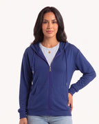Women’s zip-up hoodie in royal blue, full front zipper, hood with drawstrings, front pockets