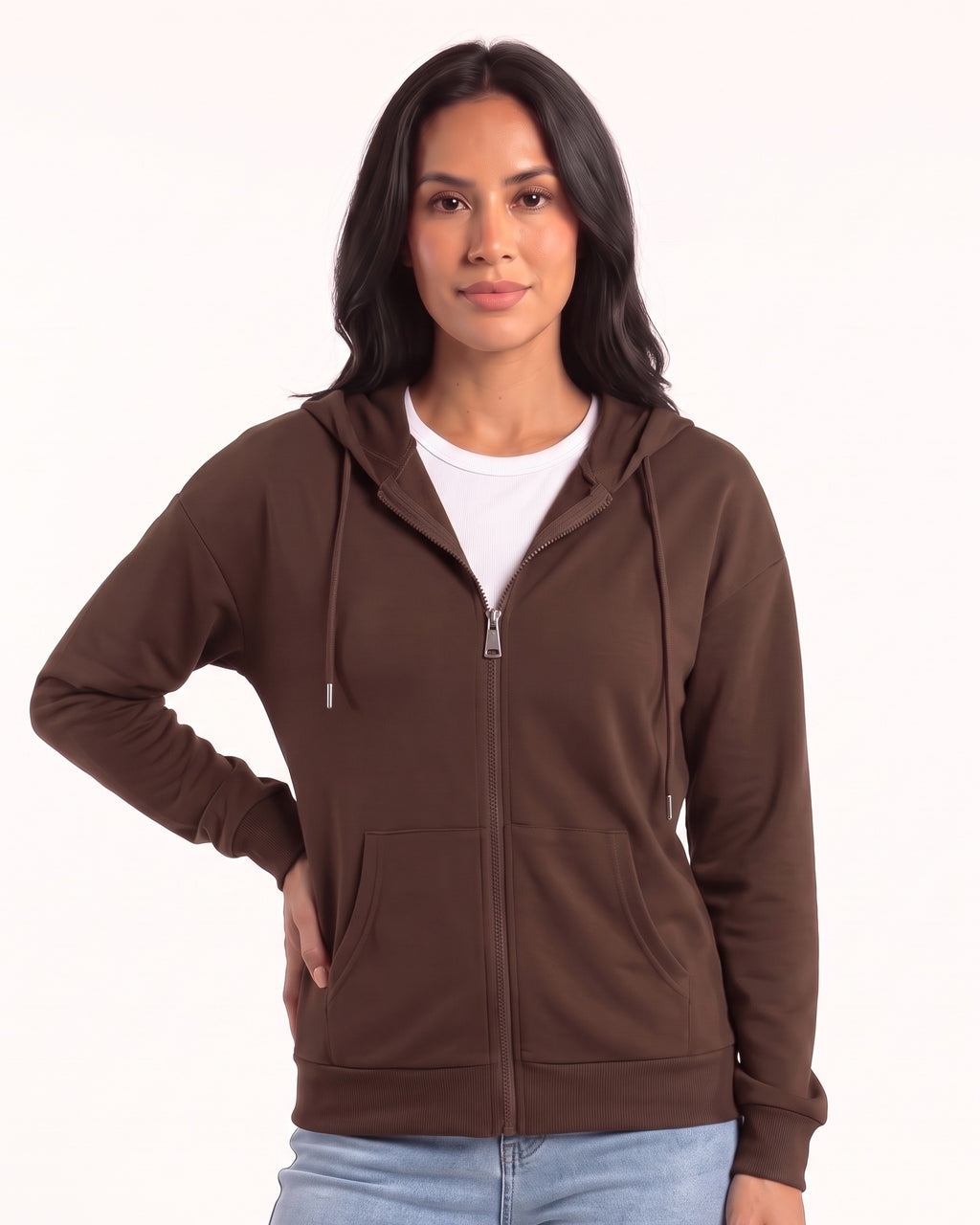 Women’s zip-up hoodie in brown, full front zipper, hood with drawstrings, front pockets