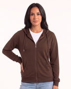 Women’s zip-up hoodie in brown, full front zipper, hood with drawstrings, front pockets