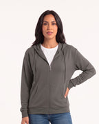 Women’s zip-up hoodie in charcoal gray, full front zipper, hood with drawstrings, front pockets