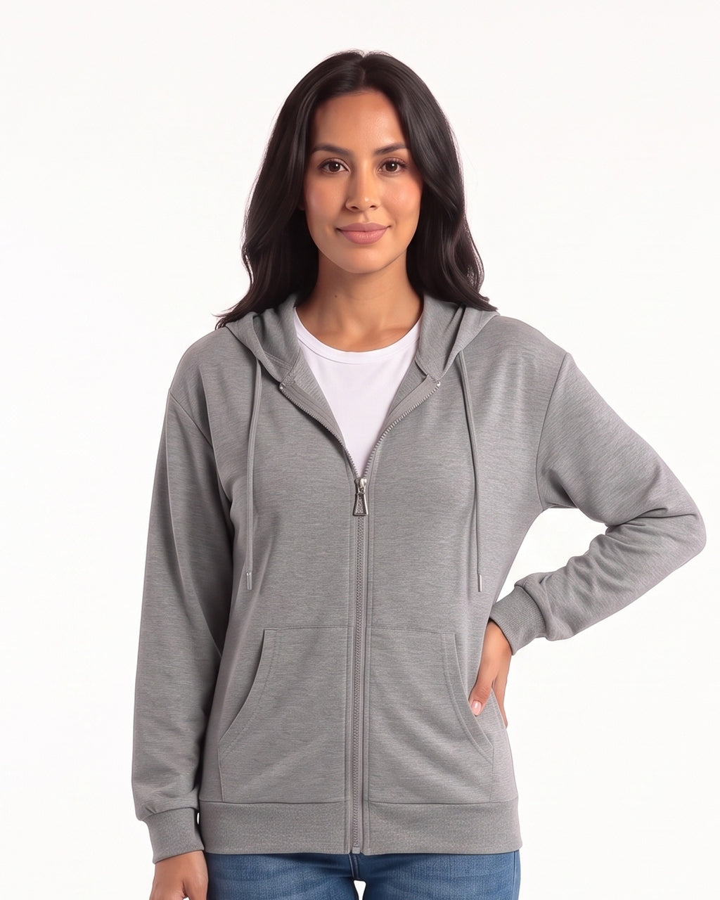 Women’s zip-up hoodie in heather gray, full front zipper, hood with drawstrings, front pockets