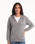 Women’s zip-up hoodie in heather gray, full front zipper, hood with drawstrings, front pockets