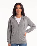 Women’s zip-up hoodie in heather gray, full front zipper, hood with drawstrings, front pockets