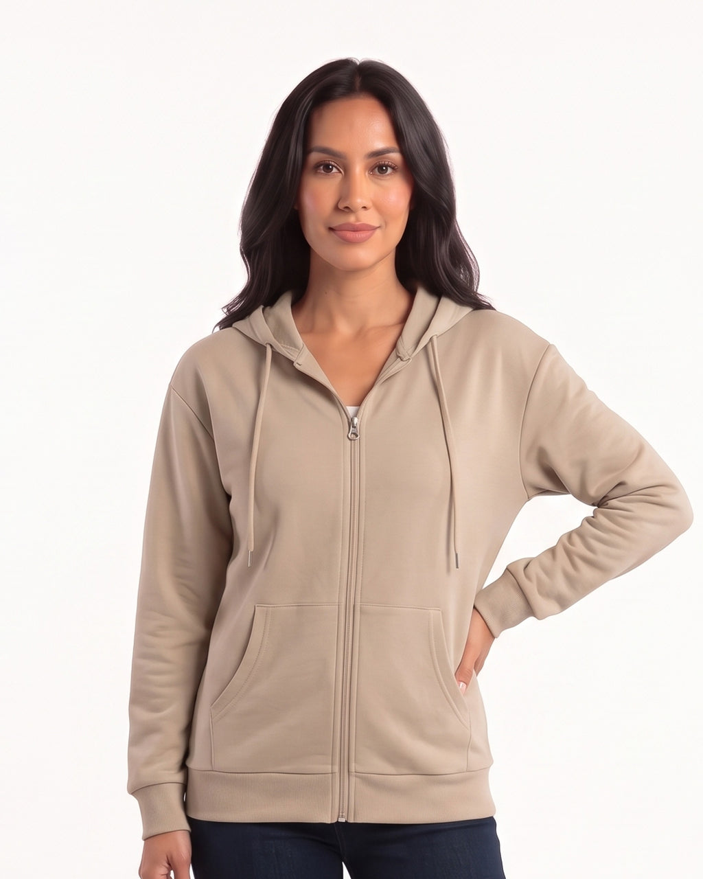 Women’s zip-up hoodie in khaki beige, full front zipper, hood with drawstrings, front pockets