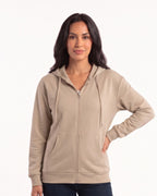 Women’s zip-up hoodie in khaki beige, full front zipper, hood with drawstrings, front pockets
