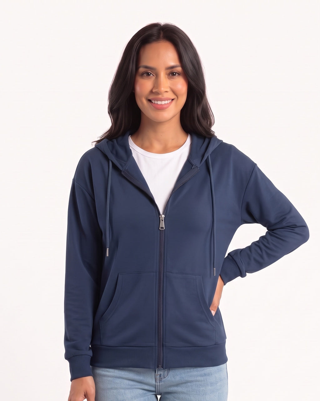 Women’s zip-up hoodie in deep blue, full front zipper, hood with drawstrings, front pockets