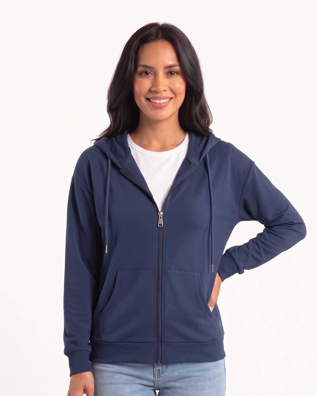 Women’s zip-up hoodie in deep blue, full front zipper, hood with drawstrings, front pockets