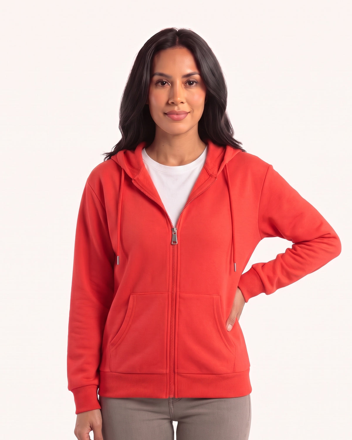 Women's zip-up hoodie in red with hood and split kangaroo pockets