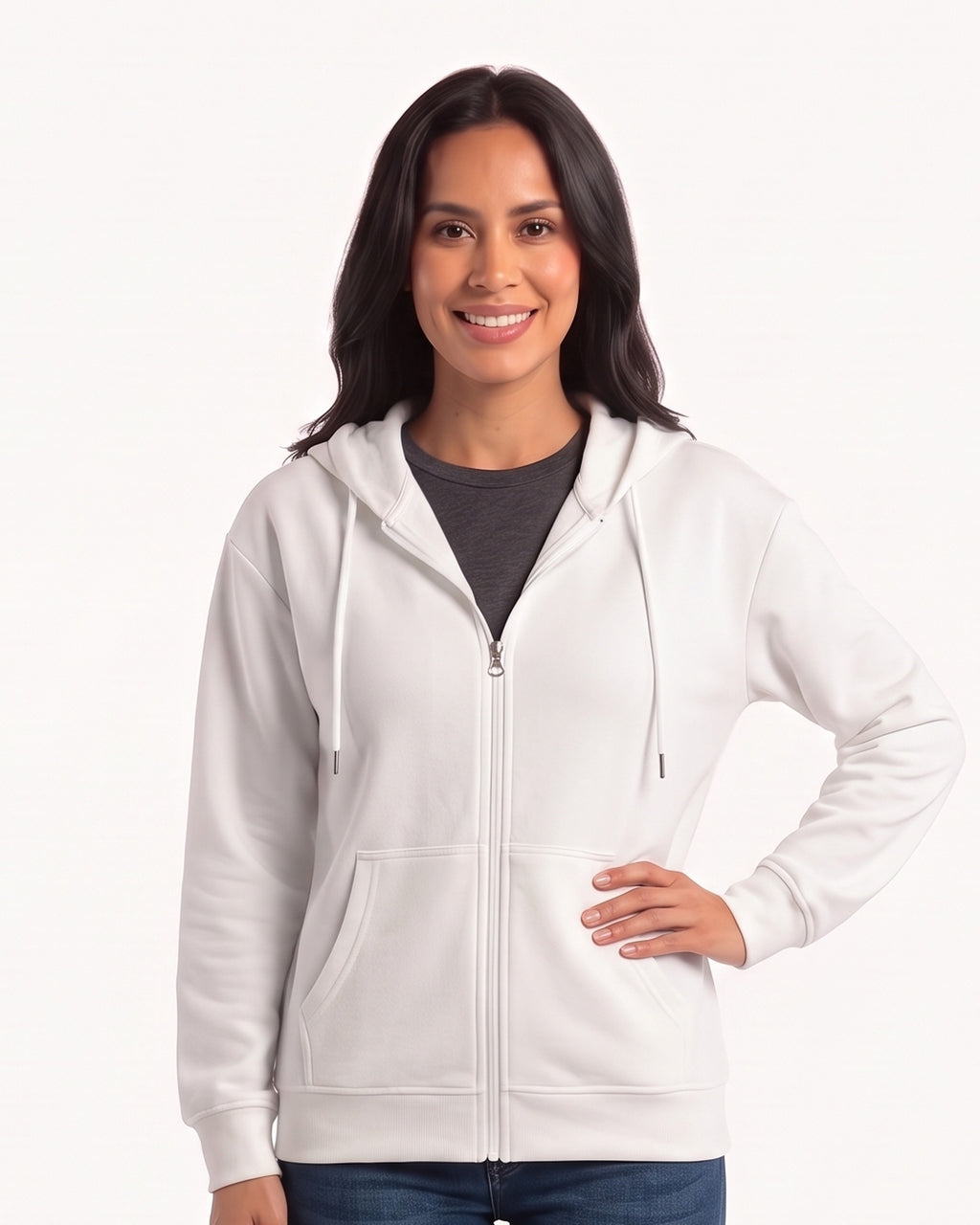 Women's zip-up hoodie in white with hood and split kangaroo pockets