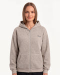 Women's beige striped zip-up hoodie with hood, front zipper, and ribbed cuffs