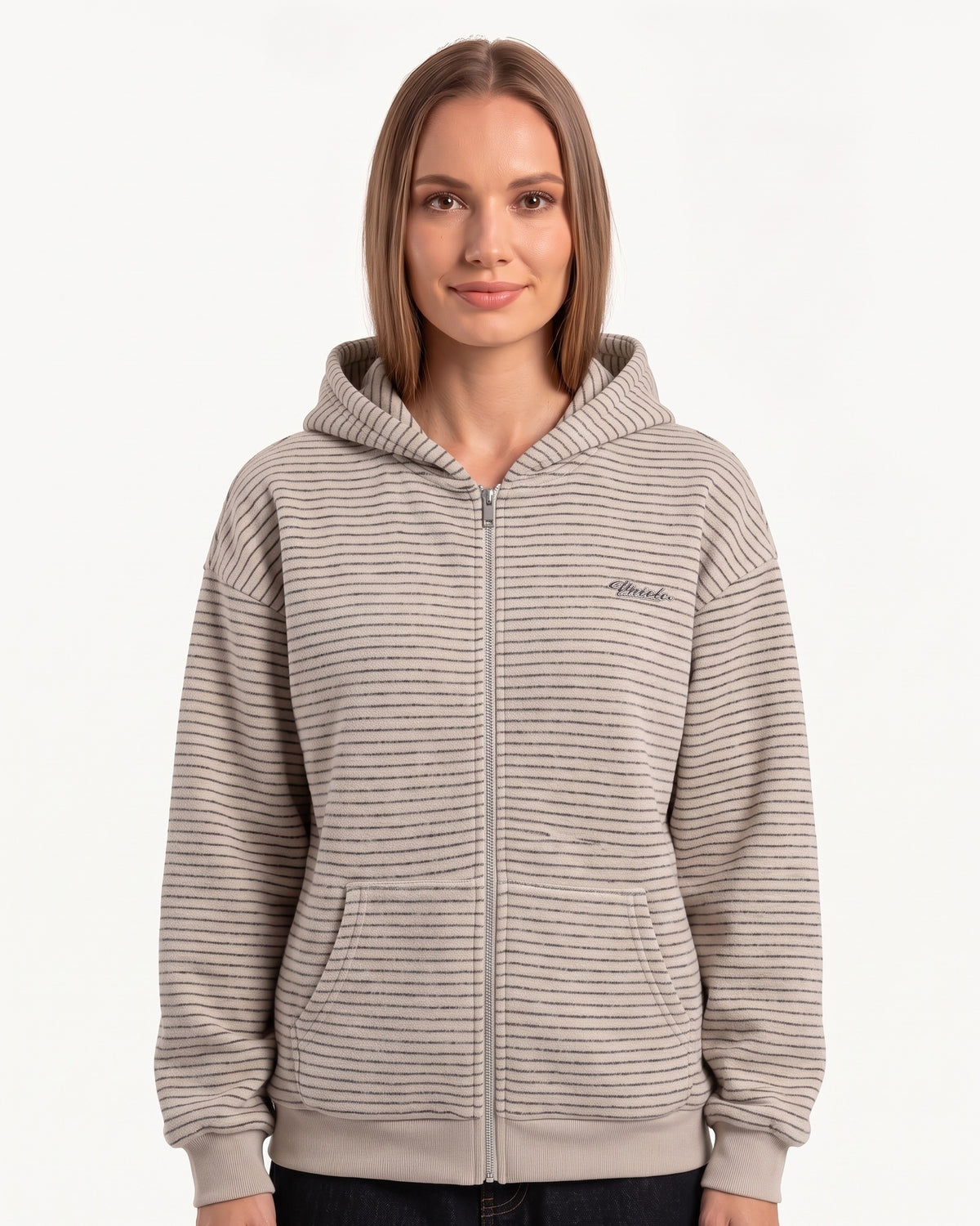 Women's beige striped zip-up hoodie with hood, front zipper, and ribbed cuffs