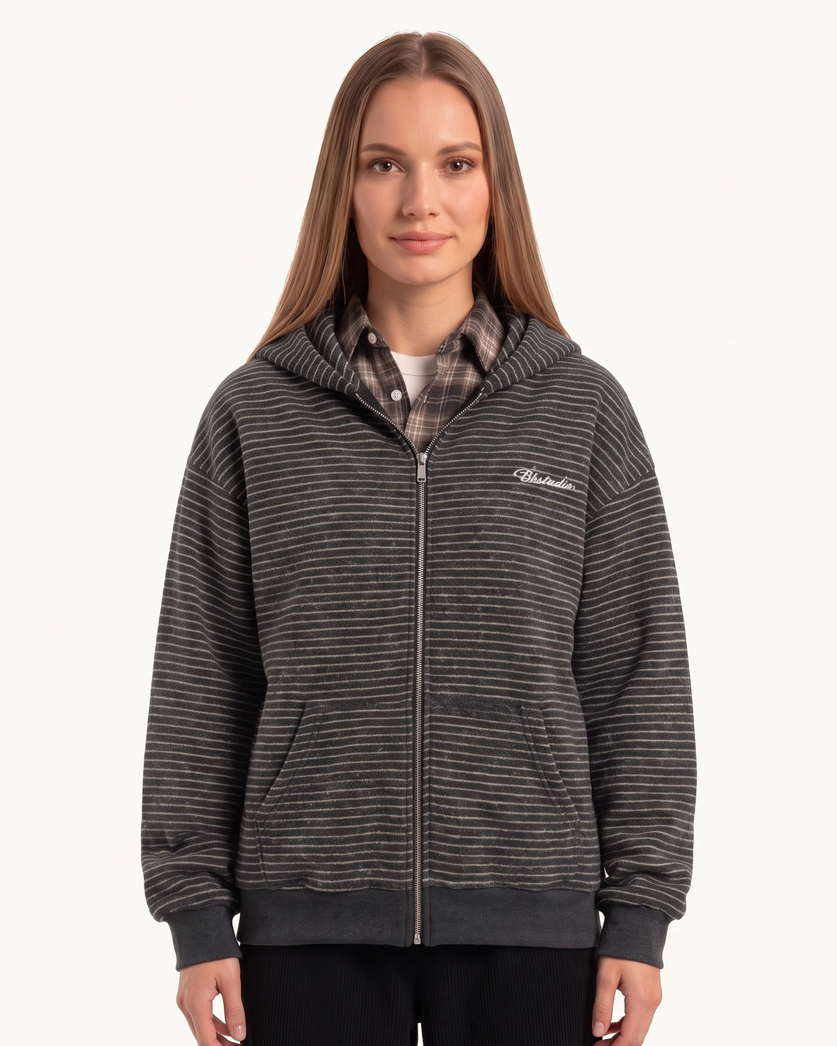 Women's dark gray striped zip-up hoodie with hood and front zipper