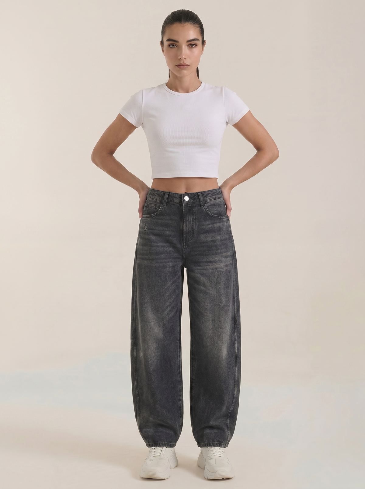 Black wide-leg women's jeans with high-rise waist and front button closure