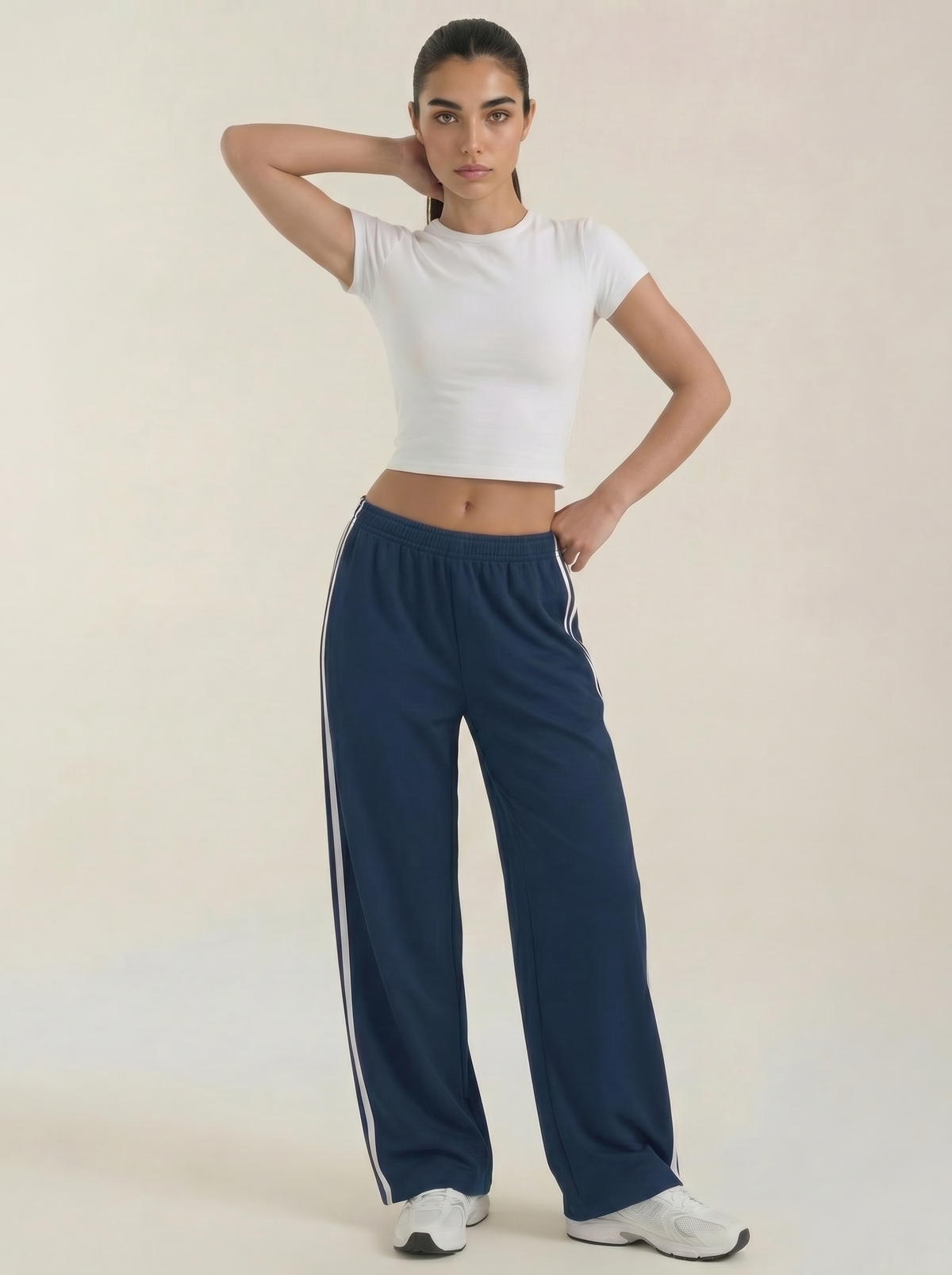 Women's wide-leg track pants, navy with white side stripes and drawstring waist