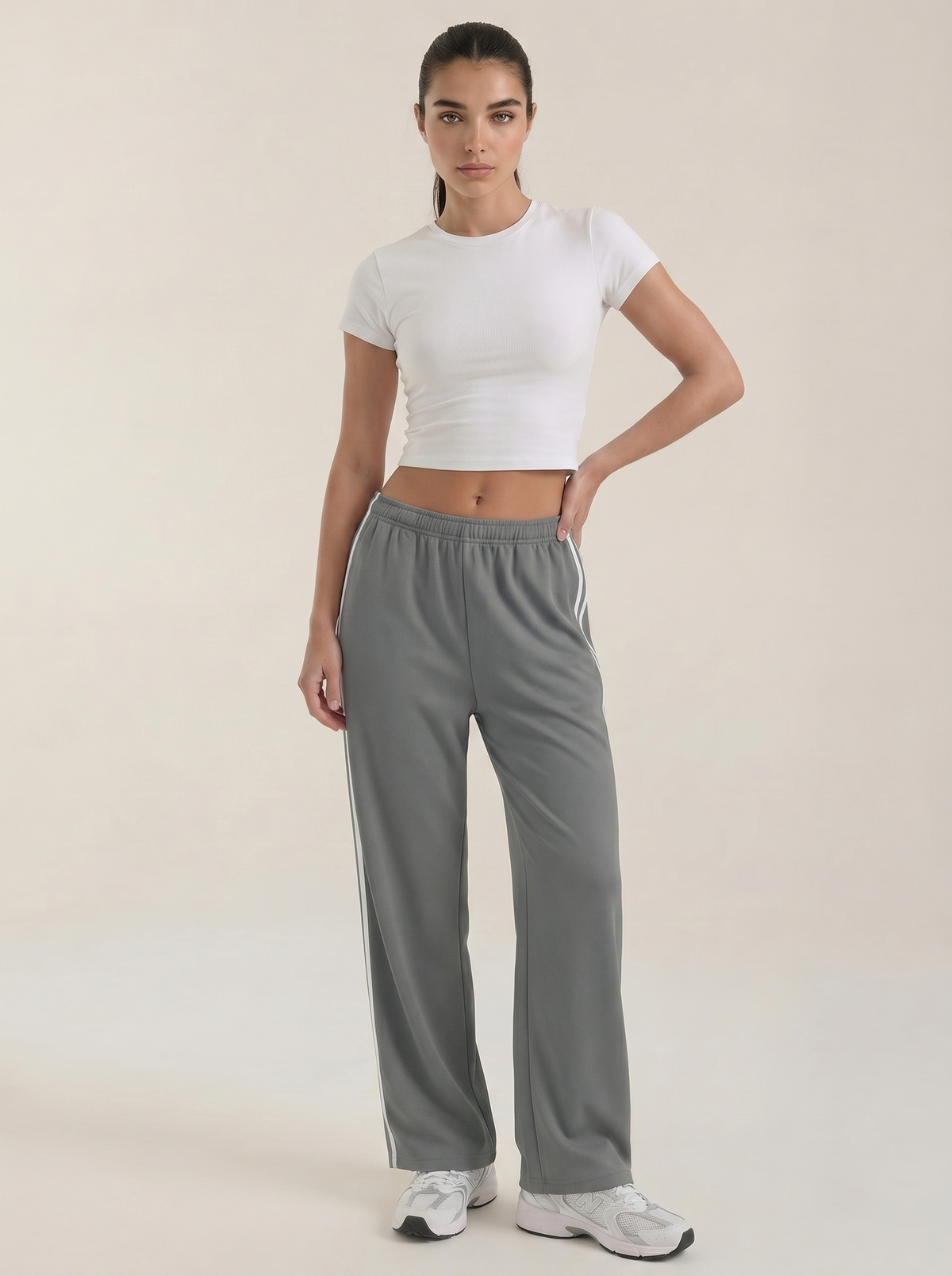 Women's wide-leg track pants, gray with white side stripes and drawstring waist