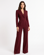 Burgundy V-neck wide-leg blazer jumpsuit with long sleeves and tailored lapels