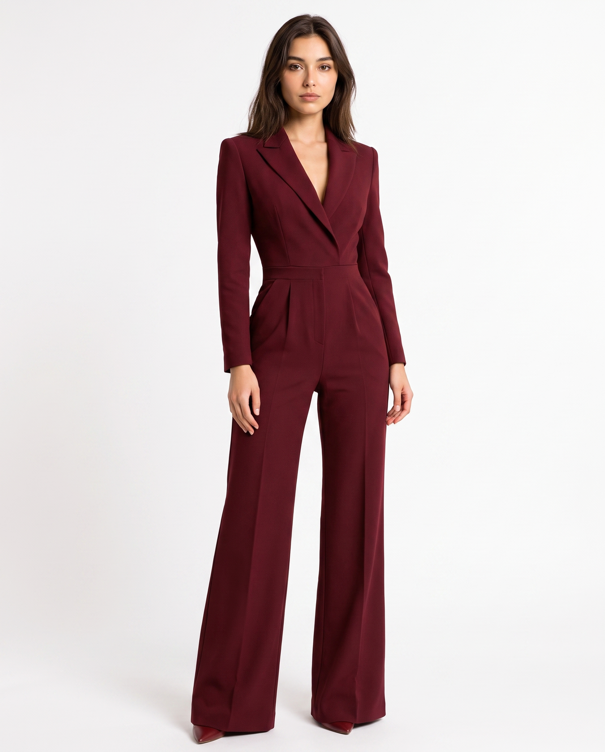 Burgundy V-neck wide-leg blazer jumpsuit with long sleeves and tailored lapels