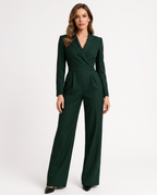 Green V-neck wide-leg blazer jumpsuit with long sleeves and tailored lapels