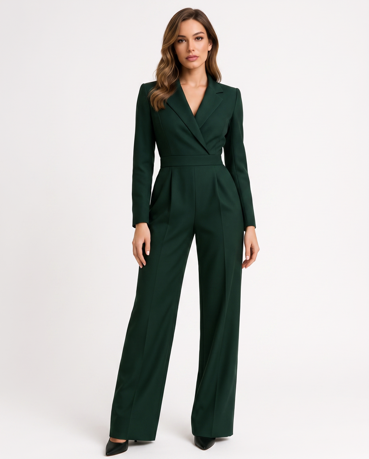 Green V-neck wide-leg blazer jumpsuit with long sleeves and tailored lapels